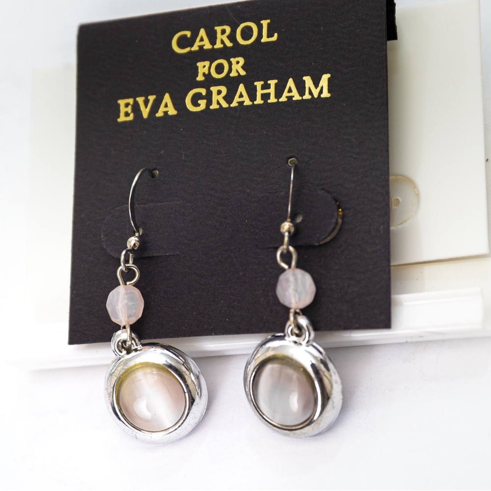Drop style dangling earrings silver tone & pale pink stones Carla for Eva Graham